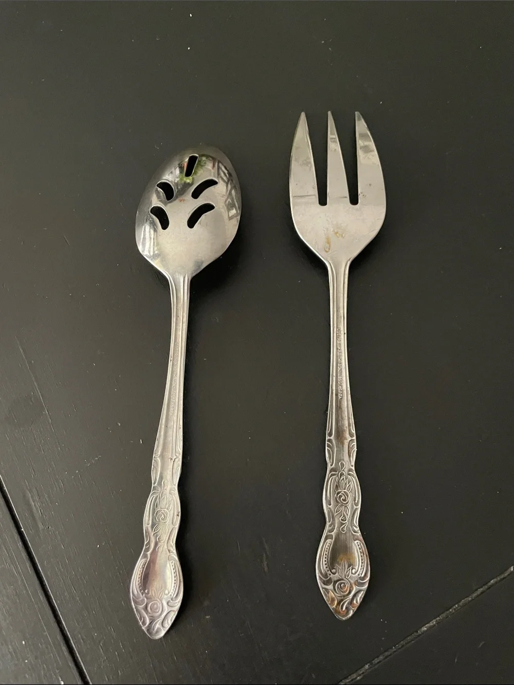 Vintage Set of 2 LUSTREWARE Rose Pattern Serving Fork & Slotted Spoon Set